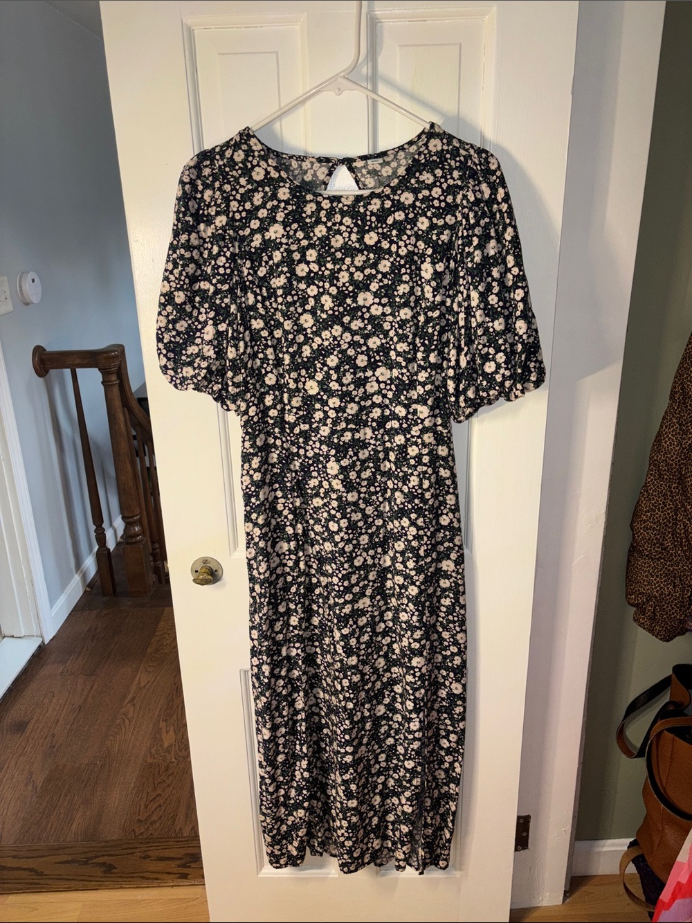 Old Navy Black Midi Dress with White Floral Print and Puff Sleeves